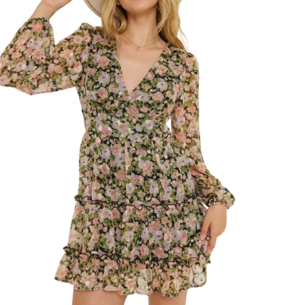All In Favor Mini Dress Long Sleeves Zip Lined Floral Multi Color Women's L NWT
